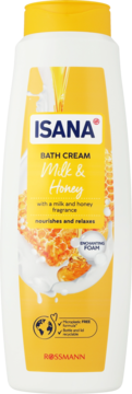 Biały krem do kąpieli Isana Milk & Honey w butelce z żółtą etykietą, widok z przodu, z wzorem plastra miodu.