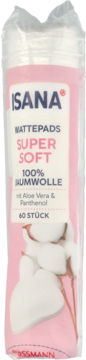 Pionowe opakowanie różowych płatków kosmetycznych ISANA SUPER SOFT, 100% bawełny z aloesem i pantenolem, 60 sztuk.