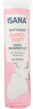 Różowe opakowanie Isana Wattepads Super Soft, 100% bawełna z aloesem i pantenolem, 60 sztuk. Widok z przodu.