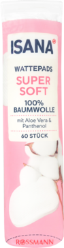ISANA Wattepads Super Soft, 100% bawełny z Aloe Vera i Panthenol. Różowo-białe opakowanie, 60 sztuk.