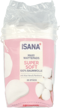 Opakowanie Isana Maxi Wattepads Super Soft 100% bawełny z aloesem i pantenolem, różowe tło, widok z przodu.