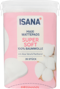 Isana Maxi waciki Super Soft, 100% bawełny z aloesem i pantenolem, widok z przodu opakowania.
