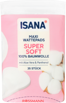 Różowe opakowanie ISANA Maxi Wattepads Super Soft, 100% bawełny z Aloe Vera, 35 sztuk, widok z przodu.