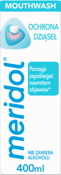 Meridol płyn do płukania ust Ochrona Dziąseł 400ml, biała butelka z niebieskim napisem, widok z przodu.
