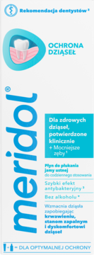 meridol Płyn do płukania Ochrona Dziąseł. Białe opakowanie z niebieskim napisem, ilustracja zęba, przód.