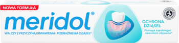 Pasta do zębów meridol OCHRONA DZIĄSEŁ w białym kartoniku, widok z przodu, z niebieskim logo i czerwoną etykietą 'NOWA FORMULA'.