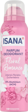 Isana Floral Romance dezodorant w różowej puszce, widok z przodu. Floralny wzór, 0% aluminium.
