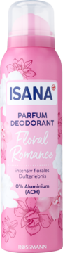 Isana Parfum Deodorant Floral Romance, różowa butelka z kwiatowym wzorem, 0% Aluminium, widok z przodu.
