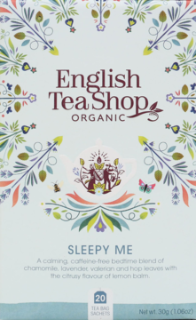 Front of English Tea Shop Organic Sleepy Me chamomile lavender bedtime tea box, light blue, floral patterns.