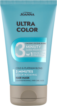Joanna Ultra Color 3 Minutes Maska Koloryzująca Cold & Platinum Blond w turkusowej tubie z beżową zakrętką, widok z przodu.
