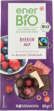 Front ener BIO Beeren Mix 85g, fioletowa czekolada, certyfikaty BIO i Fairtrade, z owocami i 3 rodzajami.