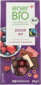 Front ener BIO Beeren Mix 85g, fioletowa czekolada, certyfikaty BIO i Fairtrade, z owocami i 3 rodzajami.