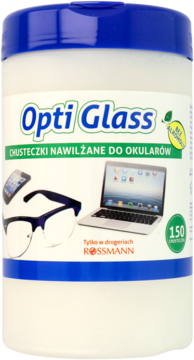 Biały pojemnik Opti Glass z niebieską pokrywką, bezalkoholowe chusteczki nawilżane do okularów i ekranów, 150 sztuk.
