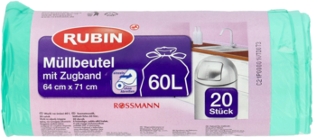 Worki na śmieci Rubin 60L z taśmą ściągającą, 20 sztuk, wymiary 64x71 cm, zielone opakowanie.