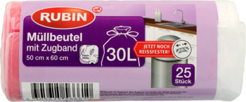 Roll of Rubin 30L pink/lilac garbage bags with drawstring, 25 pcs, 50x60 cm, frontal view of packaging.
