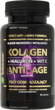 Intenson ANTI-AGE Kolagen + Hialuron + Wit C, czarna butelka z czarną nakrętką, widok z przodu.