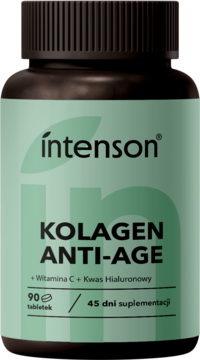 Intenson KOLAGEN ANTI-AGE z witaminą C i kwasem hialuronowym w ciemnej butelce z zieloną etykietą.