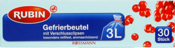 Rubin Gefrierbeutel 3L, 30 sztuk, z klipsami, niebieskie opakowanie z czerwonym logo i porzeczkami.