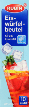 Niebieskie opakowanie Rubin Eiswürfelbeutel, 10 worków na 240 kostek lodu, z grafiką napoju i lodu, widok z przodu.