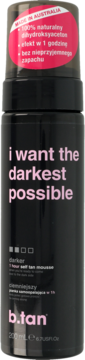 b.tan, I Want The Darkest Possible, 1 hour self tan mousse w czarnej butelce z różowym napisem, widok z przodu.