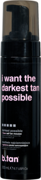 b.tan pianka samoopalająca 'i want the darkest tan possible' w czarnej butelce z różowym tekstem, widok z przodu.