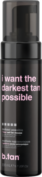 Czarna butelka b.tan 'i want the darkest tan possible' 1 hour self tan mousse z różowym tekstem, widok z przodu.
