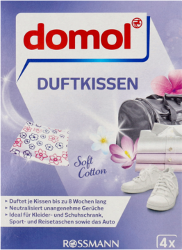 Fioletowe opakowanie domol Duftkissen Soft Cotton, saszetki zapachowe do szafy, z grafiką kwiatów i odzieży.