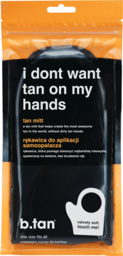 Rękawica b.tan do samoopalacza w czarno-pomarańczowym opakowaniu, napis 'i don't want tan on my hands', pionowo.