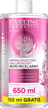Eveline Facemed+ Hipoalergiczny płyn micelarny 3w1, butelka 650ml, różowa etykieta, widok z przodu.