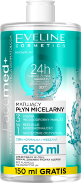 Eveline Facemed+ matujący płyn micelarny 3w1, biało-turkusowa butelka 650 ml + 150 ml gratis, widok z przodu.