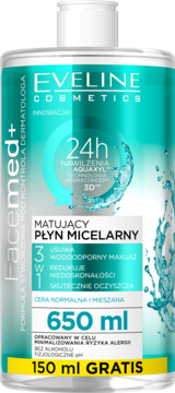 Eveline Facemed+ matujący płyn micelarny 3w1, biało-turkusowa butelka 650 ml + 150 ml gratis, widok z przodu.