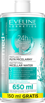 Eveline Facemed+ Matujący Płyn Micelarny 3w1, 650ml + 150ml gratis, przezroczysta butelka z turkusowym płynem, widok z przodu.