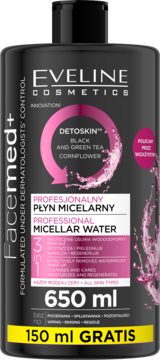 Eveline Professional Micellar Water Detoskin 650ml+150ml, czarna butelka z różowym wzorem, widok z przodu.