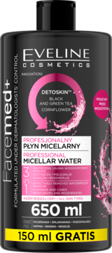 Eveline Facemed+ Professional Micellar Water, 650ml+150ml gratis, czarna butelka z różowymi detalami, widok z przodu.