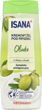 Isana Kremowy Żel Pod Prysznic Oliwka, jasnozielona butelka z wizerunkiem oliwek i logo Rossmann, widok z przodu.