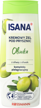 Kremowy żel pod prysznic Isana Oliwka w jasnozielonej butelce, z grafiką oliwek, widok z przodu.
