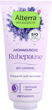 Alterra Naturkosmetik Aromadusche Ruhepause z BIO lawendą, fioletowa tubka, wegański, widok z przodu.