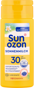 Żółta butelka mleczka do opalania Sun Ozon SPF 30 Rossmann, widok z przodu. Wodoodporne, bez oktokrylenu, ochrona UVA/UVB.