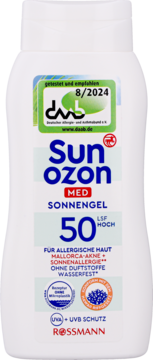 Biała butelka Sunozon MED Sonnen Gel SPF 50 do skóry alergicznej, wodoodporny, bez zapachu, logo Rossmann, widok z przodu.