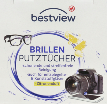 Białe opakowanie Bestview Brillen Putztücher, cytrynowe chusteczki do czyszczenia okularów, widok z przodu.