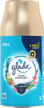 Niebieski zapas Glade automatic spray Ocean Adventure. Odświeżacz powietrza z motywem fal i kwiatów, do 2 miesięcy świeżości.