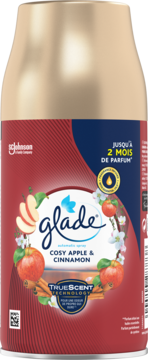 Glade Automatic Spray Cosy Apple & Cinnamon, czerwono-złota puszka z jabłkami i cynamonem, widok z przodu.
