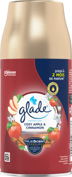 Glade Automatic Spray Cosy Apple & Cinnamon, czerwono-złota puszka z jabłkami i cynamonem, widok z przodu.