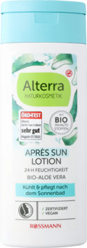 Biała butelka Alterra Après Sun Lotion z aloesem BIO, chłodząca i nawilżająca, wegańska, widok z przodu.