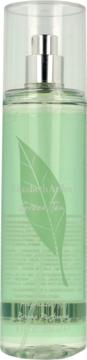 Elizabeth Arden Green Tea mgiełka w przezroczystej butelce z zielonym płynem, srebrnym dozownikiem i dużym liściem.