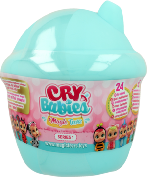 Cry Babies Magic Tears zabawka w turkusowym opakowaniu-kubku, różowa etykieta z postaciami, widok z przodu.