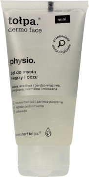 Biała tubka tołpa dermo face physio mini żel do mycia twarzy i oczu, z przezroczystą podstawą, widok z przodu.