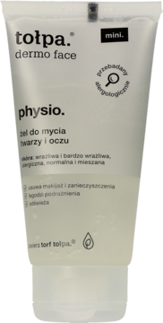 Biała tubka tołpa dermo face physio mini żel do mycia twarzy i oczu, z przezroczystą podstawą, widok z przodu.