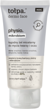 tołpa dermo face physio mikrobiom mini żel micelarny do mycia twarzy, srebrna tubka, widok z przodu.