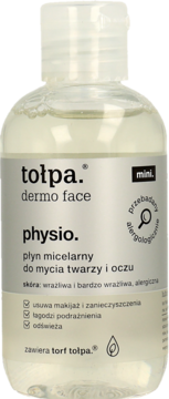 tołpa. dermo face physio płyn micelarny do twarzy i oczu, przezroczysta butelka z białą nakrętką, widok z przodu.